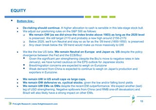 13
FinLight Research | www.finlightresearch.com
EQUITY
Bottom line :
De-risking should continue. A higher allocation to cash is sensible in this late-stage stock bull.
We adjust our positioning rules on the S&P 500 as follows:
We remain OW (as we did since the index broke above 1903) as long as the 2020 level
is preserved. We still target 2110 and probably a new high around 2150-2170
Below 2020, we’ll turn Neutral and stay so as far as the ‘09 trend (1800-1850) is preserved
Any clean break below the ‘09 trend would make us move massively to UW
We like the low US beta. We remain Neutral on Europe and Japan vs. US despite the policy
divergence between the Fed and the ECB/BoJ:
Given the significant yen strengthening (despite the BoJ’s move to negative rates in late
January), we have turned cautious on the EPS outlook for Japanese stocks
Brexit/migration concerns are expected to weigh on Eurozone
Weak demand from China is expected to continue to weigh on Japan's production and
exporters in Eurozone.
We remain UW in US small caps vs large caps.
We remain OW defensive vs. cyclical stocks, given the low and/or falling bond yields
We remain UW EMs vs DMs despite the recent EM outperformance. We expect another (last)
leg of USD strengthening. Negative spillovers from China (and RMB one-off devaluation) and
Brazil will also likely have a strong impact on other EMs.
 