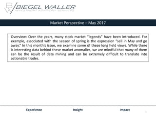 Market Perspective – May 2017
Experience Insight Impact
Overview: Over the years, many stock market “legends” have been introduced. For
example, associated with the season of spring is the expression “sell in May and go
away.” In this month’s issue, we examine some of these long held views. While there
is interesting data behind these market anomalies, we are mindful that many of them
can be the result of data mining and can be extremely difficult to translate into
actionable trades.
1
 