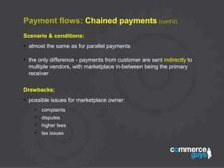 Payment flows: Chained payments (cont'd)
Scenario & conditions:
●
almost the same as for parallel payments
●
the only difference - payments from customer are sent indirectly to
multiple vendors, with marketplace in-between being the primary
receiver
Drawbacks:
●
possible issues for marketplace owner:
●
complaints
●
disputes
●
higher fees
●
tax issues
 