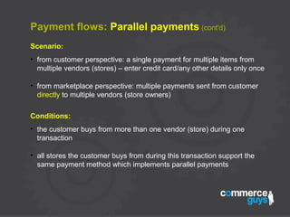 Payment flows: Parallel payments (cont'd)
Scenario:
●
from customer perspective: a single payment for multiple items from
multiple vendors (stores) – enter credit card/any other details only once
●
from marketplace perspective: multiple payments sent from customer
directly to multiple vendors (store owners)
Conditions:
●
the customer buys from more than one vendor (store) during one
transaction
●
all stores the customer buys from during this transaction support the
same payment method which implements parallel payments
 
