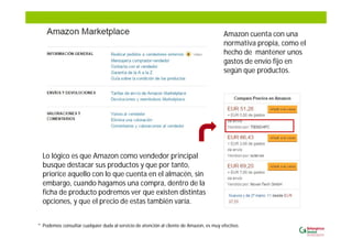 Lo lógico es que Amazon como vendedor principal
busque destacar sus productos y que por tanto,
priorice aquello con lo que cuenta en el almacén, sin
embargo, cuando hagamos una compra, dentro de la
ficha de producto podremos ver que existen distintas
opciones, y que el precio de estas también varía.
Amazon cuenta con una
normativa propia, como el
hecho de mantener unos
gastos de envío fijo en
según que productos.
* Podemos consultar cualquier duda al servicio de atención al cliente de Amazon, es muy efectivo.
 