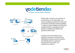 Funciona como intermediario entre
pequeños comercios y el usuario final,
facilitando la compra-venta de artículos y
permitiendo ahorrar en gastos de
mantenimiento (en lo que a un
ecommerce se refiere).
Yodetiendas: “permite a sus visitantes el
acceso directo, en un único lugar, a un
enorme catálogo de productos de todo tipo
procedentes de distintas tiendas españolas
(…) aporta un valor añadido a la transacción,
al proporcionarle la seguridad de que el
producto cumplirá las condiciones de
garantía al cliente final”.
 
