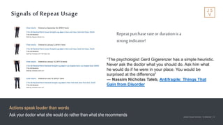 Jackson Square Ventures | Confidential | 14Jackson Square Ventures | Confidential | 14
Signals of Repeat Usage
Actions speak louder than words
Ask your doctor what she would do rather than what she recommends
Repeat purchase rateor durationis a
strong indicator!
“The psychologist Gerd Gigerenzer has a simple heuristic.
Never ask the doctor what you should do. Ask him what
he would do if he were in your place. You would be
surprised at the difference”
― Nassim Nicholas Taleb, Antifragile: Things That
Gain from Disorder
 
