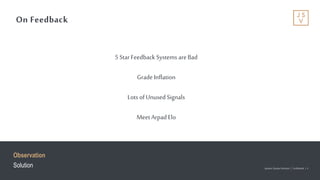 Jackson Square Ventures | Confidential | 4Jackson Square Ventures | Confidential | 4
On Feedback
Observation
Solution
5 StarFeedback Systems areBad
Grade Inflation
Lots ofUnused Signals
Meet ArpadElo
 