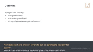 Jackson Square Ventures | Confidential | 11Jackson Square Ventures | Confidential | 11
Optimize
Marketplaces have a ton of levers to pull on optimizing liquidity for
quality
This makes the difference between great and terrible customer
Whogetswhatand why?
• Who getsthe work?
• Which item getsordered?
• Is it buyer bewareor managed marketplace?
 