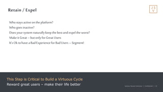 Jackson Square Ventures | Confidential | 19Jackson Square Ventures | Confidential | 19
Retain / Expel
This Step is Critical to Build a Virtuous Cycle
Reward great users – make their life better
Whostays active on the platform?
Who goes inactive?
Doesyour system naturallykeepthe best andexpel the worst?
Make itGreat –but only forGreat Users
It’sOk tohave a BadExperience for BadUsers – Segment!
 