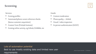 Jackson Square Ventures | Confidential | 6Jackson Square Ventures | Confidential | 6
Screening
Lots of automation potential
Best to use mostly existing data and limited new user
requirements
Services
• Existing profiles
• Automated phone screen referencechecks
(bonus customer acquisition)
• Custom Tests(Prelude Institute)
• Existing online activity,egGithub, Dribbble,etc
Goods
• Content moderation
• Photo quality– Airbnb
• Visual / videoinspection
• In-person authentication (GOAT)
 