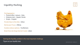 Jackson Square Ventures | Confidential | 20Jackson Square Ventures | Confidential | 20
Liquidity Hacking
Find Aggregators
• Physical (office / campus) – Zesty
• Enterprise client – Gigwalk, Wonolo
• Scrape – Craigslist
Provide Value to One Side – Github
Narrow your Focus – OfferUp
Curation (reduce options) – YourMechanic
Brute Force (do things that don’t scale) - oDesk
Solving the liquidity problem is the most important challenge
Figure out your liquidity hack
 