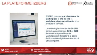 #EBG Hotspot WIFI: EBG
#BenchmarkEBG Pwd: BenchmarkEBG
LA PLATEFORME IZBERG
IZBERG propose une plateforme de
Marketplace « end-to-end »,
modulaire et personnalisable, pour
produits et services.
La technologie avancée de IZBERG
permet aux entreprises B2C et B2B
de lancer leur plateforme de
Marketplace et de rester à la pointe
de l’innovation digitale sur un marché
ultra-compétitif.
 