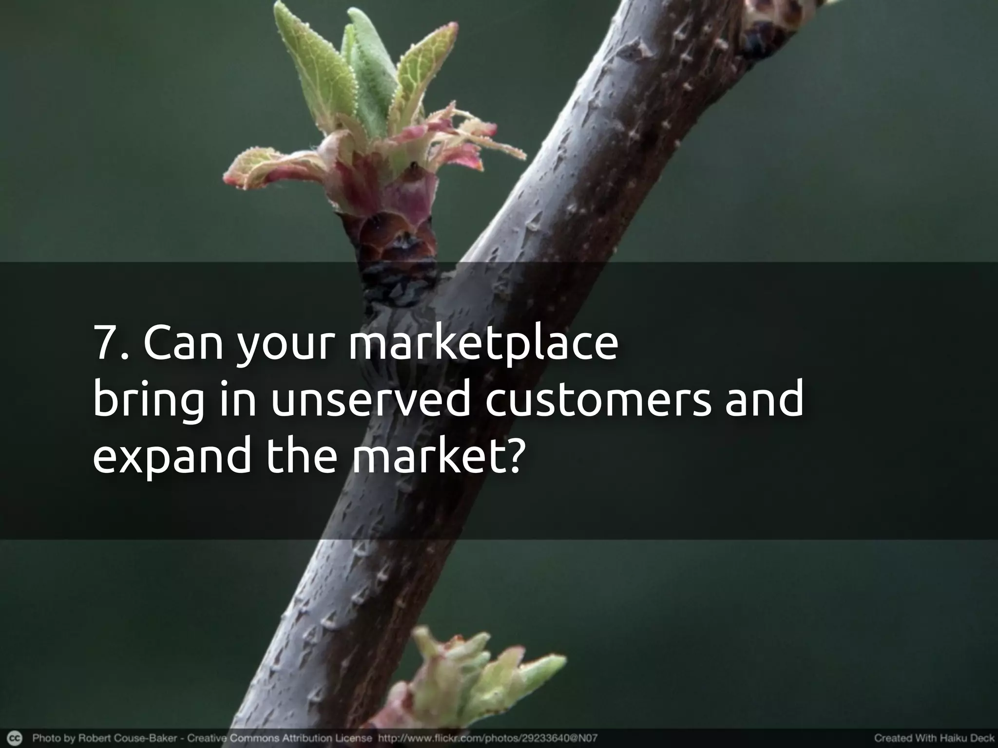 7. Can your marketplace
bring in unserved customers and
expand the market?
 