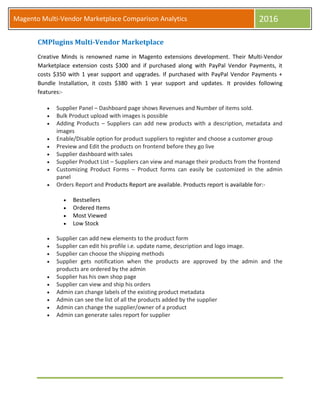 Magento Multi-Vendor Marketplace Comparison Analytics 2016
CMPlugins Multi-Vendor Marketplace
Creative Minds is renowned name in Magento extensions development. Their Multi-Vendor
Marketplace extension costs $300 and if purchased along with PayPal Vendor Payments, it
costs $350 with 1 year support and upgrades. If purchased with PayPal Vendor Payments +
Bundle Installation, it costs $380 with 1 year support and updates. It provides following
features:-
 Supplier Panel – Dashboard page shows Revenues and Number of items sold.
 Bulk Product upload with images is possible
 Adding Products – Suppliers can add new products with a description, metadata and
images
 Enable/Disable option for product suppliers to register and choose a customer group
 Preview and Edit the products on frontend before they go live
 Supplier dashboard with sales
 Supplier Product List – Suppliers can view and manage their products from the frontend
 Customizing Product Forms – Product forms can easily be customized in the admin
panel
 Orders Report and Products Report are available. Products report is available for:-
 Bestsellers
 Ordered Items
 Most Viewed
 Low Stock
 Supplier can add new elements to the product form
 Supplier can edit his profile i.e. update name, description and logo image.
 Supplier can choose the shipping methods
 Supplier gets notification when the products are approved by the admin and the
products are ordered by the admin
 Supplier has his own shop page
 Supplier can view and ship his orders
 Admin can change labels of the existing product metadata
 Admin can see the list of all the products added by the supplier
 Admin can change the supplier/owner of a product
 Admin can generate sales report for supplier
 