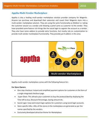 Magento Multi-Vendor Marketplace Comparison Analytics 2016
Apptha Multi-Vendor Marketplace
Apptha is also a leading multi-vendor marketplace solution provider company for Magento.
Anyone can purchase and download their extension and covert their Magento store into a
multi-vendor marketplace solution. They are using the same functionality as Webkul i.e. taking
the customer session as a vendor and showing a panel same as customer to the vendor. They
have provided some feature rich things like the social login to register the account as a vendor.
They also have some addons to provide extra functions, but mostly rely on customization to
provide multi-vendor marketplace functionality. They provide just 4 addons in this area.
Apptha multi-vendor marketplace comes with the following feature list:-
For Store Owners
 One step checkout: Instant and simplified payment options for customers in the form of
a single integrated checkout page.
 Super Deals: This attracts your customers to buy the product/deal by displaying the
Time left to buy, Discount Percentage, Saving amount etc.
 Social Login: Easy and instant login options for customers using social login accounts.
 Store specific URLs: URLs of the stores in the marketplace are generated as per the
names specified by the vendors.
 Exclusively developed attractive theme for Marketplace.
 