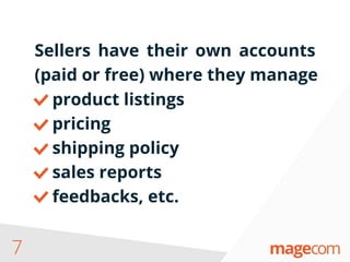 7
Sellers have their own accounts
(paid or free) where they manage
product listings
pricing
shipping policy
sales reports
feedbacks, etc.
 