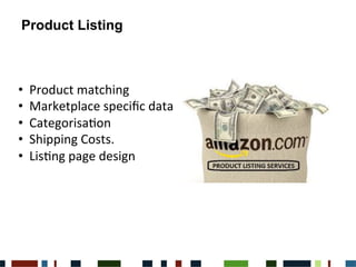•  Product	
 matching	
 
•  Marketplace	
 speciﬁc	
 data	
 
•  Categorisa,on	
 
•  Shipping	
 Costs.	
 
•  Lis,ng	
 page	
 design	
 
Product Listing
 