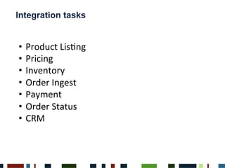 Integration tasks
•  Product	
 Lis,ng	
 
•  Pricing	
 
•  Inventory	
 
•  Order	
 Ingest	
 
•  Payment	
 
•  Order	
 Status	
 
•  CRM	
 
 