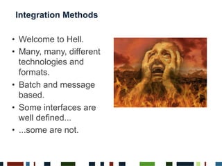 •  Welcome to Hell.
•  Many, many, different
technologies and
formats.
•  Batch and message
based.
•  Some interfaces are
well defined...
•  ...some are not.
Integration Methods
 