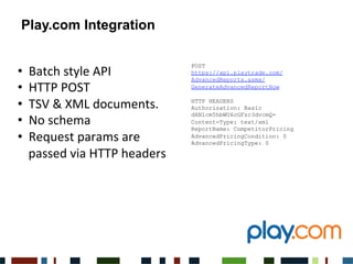 •  Batch	
 style	
 API	
 
•  HTTP	
 POST	
 
•  TSV	
 &	
 XML	
 documents.	
 
•  No	
 schema	
 
•  Request	
 params	
 are	
 	
 
passed	
 via	
 HTTP	
 headers	
 
	
 
POST
https://api.playtrade.com/
AdvancedReports.asmx/
GenerateAdvancedReportNow
HTTP HEADERS
Authorization: Basic
dXNlcm5hbWU6cGFzc3dvcmQ=
Content-Type: text/xml
ReportName: CompetitorPricing
AdvancedPricingCondition: 0
AdvancedPricingType: 0
Play.com Integration
 