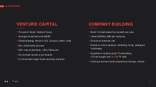 IN A NUTSHELL
VENTURE CAPITAL
• Pre-seed / Seed / Series A focus
• Average investment size $400K
• Global strategy: Active...
