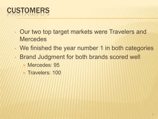 customersOur two top target markets were Travelers and Mercedes
