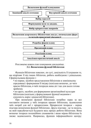 Розглянемо кожен етап планування докладніше.
3.1. Визначення функції бібліотеки
Функція бібліотеки пояснює, по суті, доцільність її існування те,
що відрізняє її від інших бібліотек, робить необхідною і унікальною.
Сформульована функція є:
• по-перше, засобом представлення бібліотеки в зовнішньому
середовищі і формування її іміджу (оскільки визначає, до чого
прагне бібліотека, в чиїх інтересах вона діє і що для цього готова
зробити);
• по-друге, засобом для формування організаційної культури
бібліотеки (оскільки у формулюванні функції видимою є
сукупність норм і цінностей бібліотеки).
При визначенні функції бібліотеки потрібно перш за все
поставити питання: у чиїх інтересах працює бібліотека, задоволення
чиїх потреб для неї є пріоритетним. Пріоритетні інтереси - перша
підстава визначення функції бібліотеки. Друга підстава - це та модель,
на якій передбачається будувати весь процес роботи бібліотеки. Вона
визначає інтереси потенційних споживачів і якою мірою бібліотека їх
зможе задовольнити. Наприклад, функція інформаційного центру:
Формування мети та завдань
Визначення функції планування
Зовнішній аналіз оточення Внутрішній аналіз оточення
Вибір стратегії
Вибір пріоритетних напрямів
Визначення асортименту бібліотечних послуг, оптимальних форм
та методів практичної діяльності
Розробка форми плану
Презентація плану
Реалізація плану
Аналітико-прогностичний аналіз
16
 