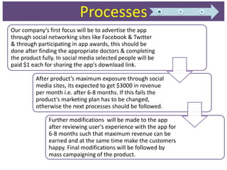 Processes
Our company’s first focus will be to advertise the app
through social networking sites like Facebook & Twitter
& through participating in app awards, this should be
done after finding the appropriate doctors & completing
the product fully. In social media selected people will be
paid $1 each for sharing the app’s download link.
After product’s maximum exposure through social
media sites, its expected to get $3000 in revenue
per month i.e. after 6-8 months. If this fails the
product’s marketing plan has to be changed,
otherwise the next processes should be followed.
Further modifications will be made to the app
after reviewing user’s experience with the app for
6-8 months such that maximum revenue can be
earned and at the same time make the customers
happy. Final modifications will be followed by
mass campaigning of the product.
 