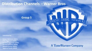 Distribution Channels – Warner Bros
Submitted by:
Kumar Abhishek (A001)
Prity Aggarwal (A004)
Deeksha Aggarwal (A006)
Govind Krishnan (A030)
Mayank Kumar (A031)
Apporva Parikh (A043)
Group 5
 