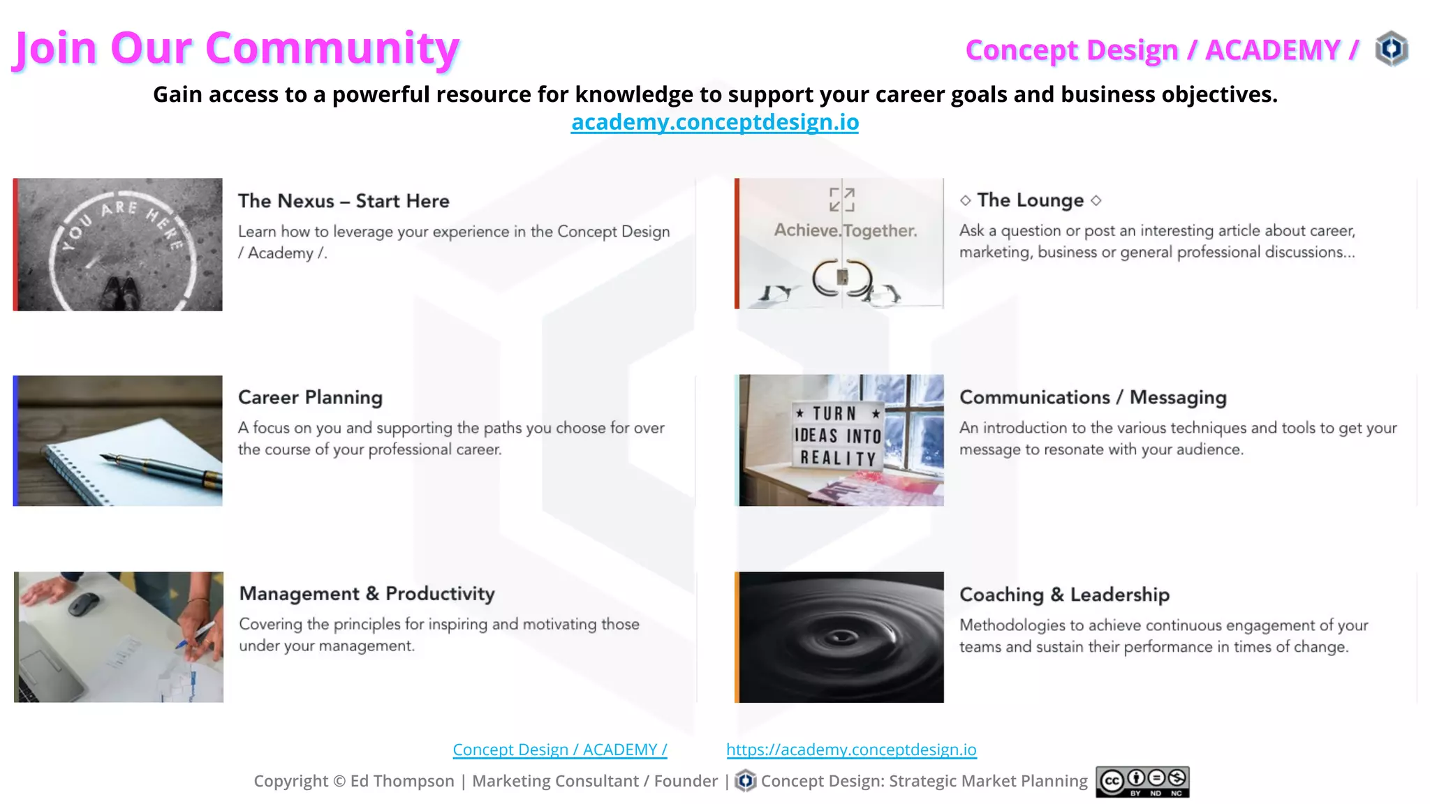 Join Our Community
Gain access to a powerful resource for knowledge to support your career goals and business objectives.
academy.conceptdesign.io
Copyright © Ed Thompson | Marketing Consultant / Founder | Concept Design: Strategic Market Planning
Concept Design / ACADEMY / https://academy.conceptdesign.io
Concept Design / ACADEMY /
 