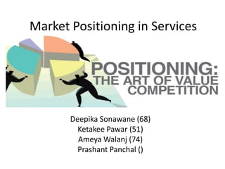 Market Positioning in Services
Deepika Sonawane (68)
Ketakee Pawar (51)
Ameya Walanj (74)
Prashant Panchal ()
 