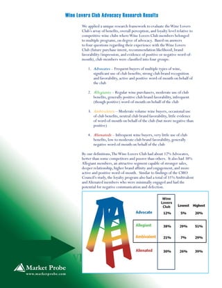 We applied a unique research framework to evaluate theWine Lovers
Club’s array of benefits, overall perception, and loyalty level relative to
competitive wine clubs whereWine Lovers Club members belonged
to multiple programs, on degree of advocacy. Based on answers
to four questions regarding their experience with theWine Lovers
Club (future purchase intent, recommendation likelihood, brand
favorability/impression, and evidence of positive or negative word-of-
mouth), club members were classified into four groups:
1. Advocates – Frequent buyers of multiple types of wine,
significant use of club benefits, strong club brand recognition
and favorability, active and positive word-of-mouth on behalf of
the club
2. Allegiants – Regular wine purchasers, moderate use of club
benefits, generally positive club brand favorability, infrequent
(though positive) word-of-mouth on behalf of the club
3. Ambivalents – Moderate volume wine buyers, occasional use
of club benefits, neutral club brand favorability, little evidence
of word-of-mouth on behalf of the club (but more negative than
positive)
4. Alienateds – Infrequent wine buyers, very little use of club
benefits, low to moderate club brand favorability, generally
negative word-of-mouth on behalf of the club
By our definitions,TheWine Lovers Club had about 12%Advocates,
better than some competitors and poorer than others. It also had 38%
Allegiant members, an attractive segment capable of stronger sales,
deeper relationship, higher brand affinity and engagement, and more
active and positive word-of-mouth. Similar to findings of the CMO
Council’s study, the loyalty program also had a total of 51%Ambivalent
andAlienated members who were minimally engaged and had the
potential for negative communication and defection.
Wine Lovers Club Advocacy Research Results
 