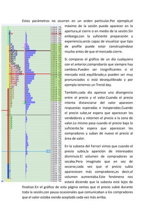 Estos parámetros no ocurren en un orden particular.Por ejemplo,el
                        máximo de la sesión puede aparecer en la
                        apertura,al cierre o en medio de la sesión.Sin
                        embargo,con la suficiente preparación y
                        experiencia,serás capaz de visualizar que tipo
                        de profile puede estar construyéndose
                        mucho antes de que el mercado cierre.

                            Si comparas el gráfico de un día cualquiera
                            con el anterior,comprobarás que siempre hay
                            cambios.Pueden ser insignificantes si el
                            mercado está equilibrado,o pueden ser muy
                            pronunciados si está desequilibrado y por
                            ejemplo tenemos un Trend day.

                            También,cada día aparece una divergencia
                            entre el precio y el valor.Cuando el precio
                            intenta distanciarse del valor aparecen
                            respuestas esperadas e inesperadas.Cuando
                            el precio sube,se espera que aparezcan los
                            vendedores y retornen el precio a la zona de
                            valor.Lo mismo pasa cuando el precio baja lo
                            suficiente.Se espera que aparezcan los
                            compradores y suban de nuevo el precio al
                            área de valor.

                              En la subasta del Ferrari vimos que cuando el
                              precio subía,la aparición de interesados
                              disminuía.El volumen de compradores se
                              secaba.Pero imagínate que en vez de
                              secarse,cada vez que el precio subía
                              apareciesen más compradores,es decir,el
                              volumen aumentaba.Este fenómeno nos
                              estará diciendo que la subasta está lejos de
finalizar.En el gráfico de esta página vemos que el precio subió durante
toda la sesión,con pausa ocasionales que comunicaban a los compradores
que el valor estaba siendo aceptado cada vez más arriba.
 