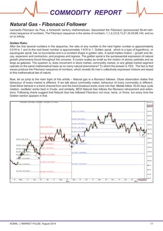 ACMIIL MARKET PULSE- August 2014 11
COMMODITY REPORT
Natural Gas - Fibonacci Follower
Leonardo Fibonacci da Pisa, a thirteenth century mathematician, discovered the Fibonacci (pronounced fib-eh-nah-
chee) sequence of numbers. The Fibonacci sequence is the series of numbers: 1,1,2,3,5,8,13,21,34,55,89,144, and so
on to infinity.
Golden Ratio:
After the first several numbers in the sequence, the ratio of any number to the next higher number is approximaterly
0.618 to 1 and to the next lower number is approximately 1.618 to 1. Golden spiral, which is a type of logarithmic, or
equiangular spiral, has no boundaries and is a constant shape in golden ratio. A spiral implies motion – growth and de-
cay, expansion and contraction, and progress and regress. The golden spiral is the quintessential expression of natural
growth phenomena found throughout the universe. It covers scales as small as the motion of atomic particles and as
large as galaxies. The question is, does movement in stock market, commodity market, or any global market segment
operate on the same mathematical basis as so many natural phenomena? To which the answer is YES. The fact is that
waves produce the Fibonacci sequence of numbers, which reveals tht man’s collectively expressed motions are keyed
to this mathematical law of nature.
Now, let us jump to the main topic of this article – Natural gas is a fibonacci follower. Close observation states that
behaviour of every market is different. If we talk about commodity maket, behaviour of every commodity is different.
Gold-Silver behave in a trend channel form and the trend breakout works more into that. Metals follow 18-20 days cycle
rotation, oscillator works best in Crude, and similarly, MCX Natural Gas follows the fibonacci retracement and exten-
tions. Following charts suggest that Natural Gas has followed Fibonacci not once, twice, or thrice, but every time the
Golden section appears in that.
 