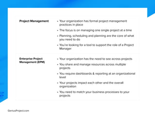 GeniusProject.com
Project Management •	Your organization has formal project management
practices in place
•	The focus is on managing one single project at a time
•	Planning, scheduling and planning are the core of what
you need to do
•	You’re looking for a tool to support the role of a Project
Manager
Enterprise Project
Management (EPM)
•	Your organization has the need to see across projects
•	You share and manage resources across multiple
projects
•	You require dashboards & reporting at an organizational
level
•	Your projects impact each other and the overall
organization
•	You need to match your business processes to your
projects
 