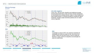 CONFIDENTIAL CONTENT, DO NOT DISSEMINATE WITHOUT CONSENTCONFIDENTIAL CONTENT, DO NOT DISSEMINATE WITHOUT CONSENT
Resumo do Mercado Correlações Análise Técnica Análise de Portfólio ICO Anexo
Igor Morais
igor.morais@wisetrust.io
Head of Research
Moving Average
(em USD)
Um mês negativo
O BTC caiu -15% em junho, atuando com tendência de queda
durante praticamente todo o mês (as linhas verticais representam
os vencimentos dos contratos futuros). Esse é o menor patamar de
preço desde fevereiro, e a barreira dos $6k foi rompida em alguns
momentos. Paralelo a esse movimento podemos ver um menor
volume negociado.
RSI
RSI
A oscilação no preço do BTC criou diversos momentos de
sinalização de compra ao longo do mês, mas nenhum de
venda. A última vez que isso ocorreu, entre os meses de
fevereiro e março, tivemos na sequência uma elevação do
preço da criptomoeda.
BTC – MERCADO EM QUEDA
 