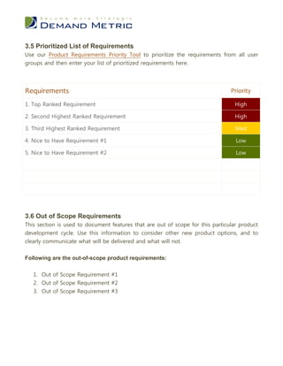 3.5 Prioritized List of Requirements
Use our Product Requirements Priority Tool to prioritize the requirements from all us...