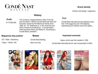 Brand identity

                                                                                                Fashion and design magazines

                                            History
                                                                                  Size
      Profit             The company, headquartered in New York City,
     £117,000,000        was founded in 1909 by Condé Montrose Nast and          Condé Nast International Ltd publishes more
                         has been owned by the Newhouse family since             than 126 magazines and 104 websites,
                         1959. S.I. “Si” Newhouse Jr. is the chairman and        representing 24 markets around the globe.
                         CEO of Advance Publications, is Condé Nast’s
                         chief executive officer and Robert A. Sauerberg is
                         Condé Nast’s president.

Magazines they publish                    Bases                                    Important moments

GC– Style - Easyliving                 Condé Nast Building,                     Vogue, which was first created in 1892
Vogue – Wired - AD                     New York City                 Condé Nast International Ltd, was incorporated in 2005.
 