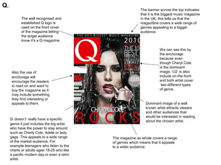 Q.
                                                             The banner across the top indicates
                                                             that it is the biggest music magazine
            The well recognised and                          in the UK, this tells us that the
            established Q logo is                            magazi9ne covers a wide range of
            used on the front cover                          genres appealing to a bigger
            of the magazine letting                          audience.
            the target audience
            know it’s a Q magazine.

                                                                        We can see this by
                                                                        the anchorage
                                                                        because even
                                                                        though Cheryl Cole
                                                                        is the dominant
      Also the use of                                                   image, ‘U2’ is also
      anchorage will                                                    include on the front
      encourage the readers                                             and both artist cover
      to read on and want to                                             two different types
      buy the magazine as it                                            of genre.
      may include something
      they find interesting or
      appeals to them.                                          Dominant image of a well
                                                                known artist attracts viewers
                                                                and other audiences that
                                                                would be interested in reading
     Q doesn’t really have a specific
                                                                about the chosen artist.
     genre it just includes the big artist
     who have the power to stay around
     such as Cherly Cole, Adele or lady
     gaga. This appeals to a wide range      The magazine as whole covers a range
     of the market audience, For             of genres which means that it appeals
     example teenagers who listen to the     to a wider audience.
     charts or adults aged 18-25 who like
     a pacific modern day or even a retro
     artist.
 