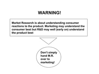 WARNING!

Market Research is about understanding consumer
reactions to the product. Marketing may understand the
consumer best but R&D may well (early on) understand
the product best




                     Don’t simply
                     hand M.R.
                     over to
                     marketing!
 