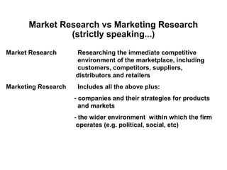 Market Research vs Marketing Research
               (strictly speaking...)

Market Research      Researching the immediate competitive
                     environment of the marketplace, including
                     customers, competitors, suppliers,
                     distributors and retailers
Marketing Research    Includes all the above plus:
                     - companies and their strategies for products
                       and markets
                     - the wider environment within which the firm
                      operates (e.g. political, social, etc)
 