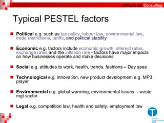 Typical PESTEL factors Political  e.g. such as  tax policy ,  labour law ,  environmental law ,  trade restrictions ,  tariffs , and political stability Economic  e.g. factors include  economic growth ,  interest rates ,  exchange rates  and the  inflation rate  - factors have major impacts on how businesses operate and make decisions Social  e.g. attitudes to work, health, trends, fashions – Day spas Technological  e.g. innovation, new product development e.g. MP3 player Environmental  e.g. global warming, environmental issues  - waste mgt sector Legal  e.g. competition law, health and safety, employment law  