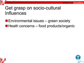Get grasp on socio-cultural Influences Environmental issues – green society Heath concerns – food products/organic 