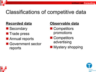 Classifications of competitive data Recorded data Secondary Trade press  Annual reports  Government sector reports Observable data Competitors promotions Competitors advertising Mystery shopping 