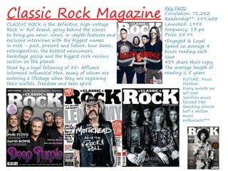 Classic Rock Magazine
CLASSIC ROCK is the definitive, high-voltage
Rock ‘n’ Roll brand, going behind the scenes
to bring you news, views, in-depth features and
exclusive interviews with the biggest names
in rock – past, present and future; tour dates,
retrospectives, the hottest newcomers,
backstage gossip and the biggest rock reviews
section on the planet.
Key Facts
Circulation: 71,242
Readership**: 149,608
Launched: 1998
Frequency: 13 pa
Price: £4.99
Read by a loyal following of 35+ Affluent
Informed Influential Men, many of whom are
entering a lifestage when they are regaining
their wallets, freedom and teen spirit.
•Engaged & Loyal
Spend on average 4
hours reading each
issue
43% share their copy
The average length of
reading is 5 years
FUTURE: Music
Matters…
Every month we
sell over
¼million music
focused tiles
Reaching almost
half a million
music
enthusiasts***
 
