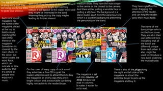 Each rock sound
magazine has
the name of the
magazine placed
at the top in
bold colours
matching the
rest of the
theme of the
magazine.
Sometimes its
covered by the
main photo on
the cover, but
never covers the
word Rock,
which can
indicate to t6he
audience that
it’s aimed at
people who
enjoy rock
music.
The name of the
band/singer who is
on the front cover.
They are all in their
own different font,
indicating that all
the bands are
different, unique
from each other. It
also might be
used to introduce a
new band widening
the musical taste.
On the cover of every copy of rock sound
they advertises a free CD to grab the
readers attention and to attract them to buy
the magazine. In every copy they are in
bright colours and a reasonable size being
highly noticeable to the reader/buyer.
The majority of the main images are
medium shots. They have the main singer
in the centre or the closest to the camera.
And there either pulling a sensible face or
pulling a silly face. The background is a
plane studio apart from the paramour one
which is a quirkier background presenting
the personality of the band.
There is also all the plugs along
the right and left side of the
magazine to attract the
potential buyer to pick up the
magazine and buy it.
With including the name of the band in such
broad writing and bright eye catching
colours it will appeal to the reader more and
they might be interested in the band
meaning they pick up the copy maybe
leading to further interest.
They have a puff on the
cover dragging the
attention of the reader,
and can help the reader
grow their music taste.
The magazine is set
out into columns of
three, because we
read in columns.
It makes it easier for
us to read.
The top stuff can also act
as plug and a puff they
are using words like WIN!
to grab your attention.
 