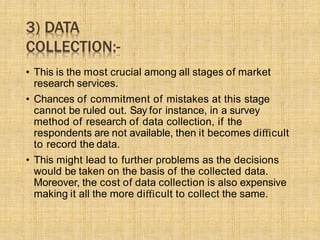 3) DATA
COLLECTION:-
• This is the most crucial among all stages of market
research services.
• Chances of commitment of mistakes at this stage
cannot be ruled out. Say for instance, in a survey
method of research of data collection, if the
respondents are not available, then it becomes diﬃcult
to record the data.
• This might lead to further problems as the decisions
would be taken on the basis of the collected data.
Moreover, the cost of data collection is also expensive
making it all the more diﬃcult to collect the same.
 