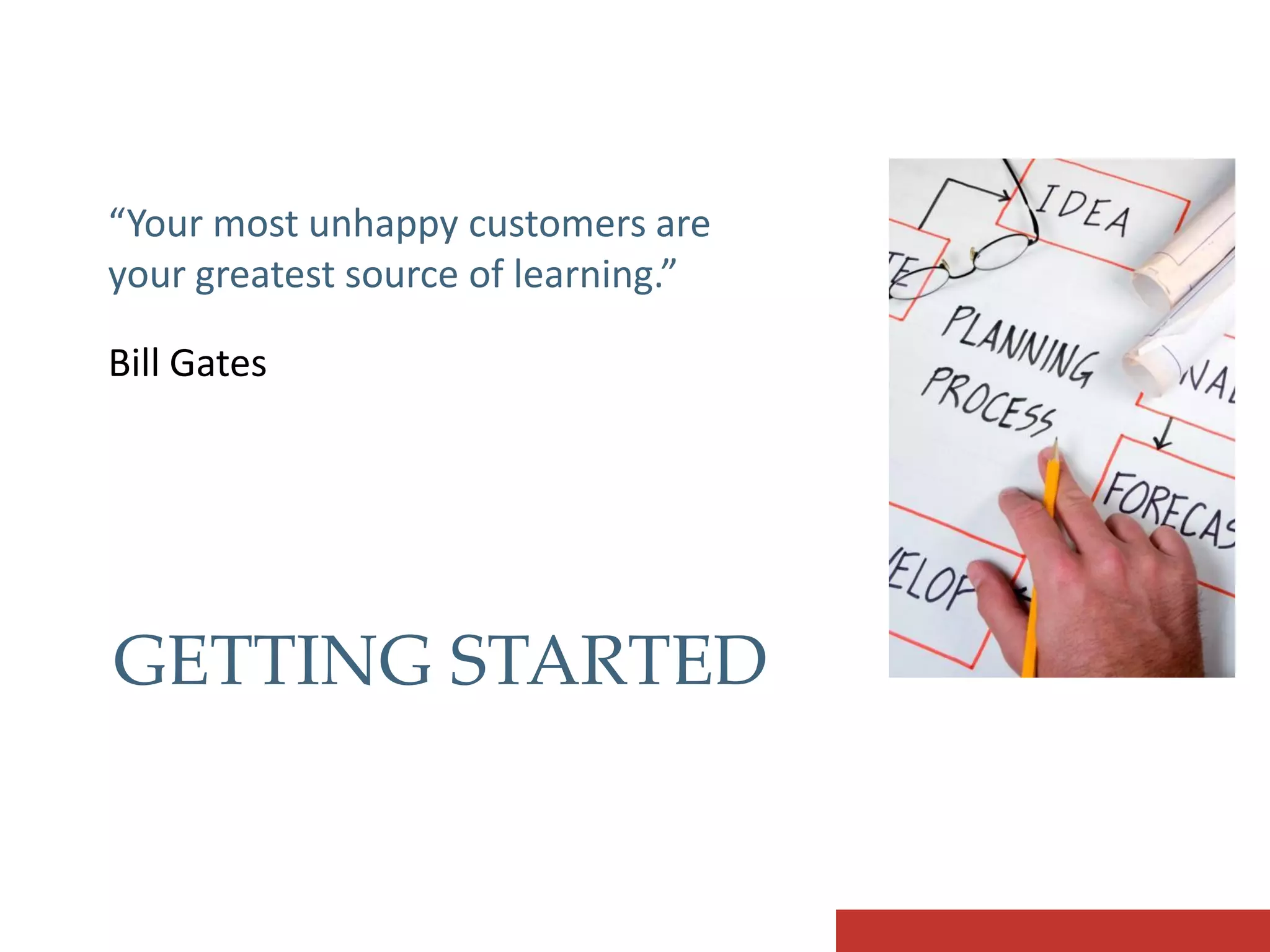 “Your most unhappy customers are
your greatest source of learning.”

Bill Gates




GETTING STARTED
 