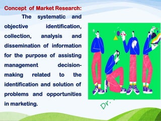 Concept of Market Research:
The systematic and
objective identification,
collection, analysis and
dissemination of information
for the purpose of assisting
management decision-
making related to the
identification and solution of
problems and opportunities
in marketing.
 