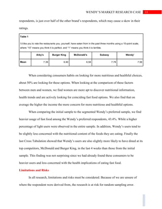 11WENDY’S MARKET RESEARCH CASE
respondents, is just over half of the other brand’s respondents, which may cause a skew in their
ratings.
Table 1
I’d like you to rate the restaurants you, yourself, have eaten from in the past three months using a 10-point scale,
where “10” means you think it is perfect, and “1” means you think it is terrible.
Arby’s Burger King McDonald’s Subway Wendy’
Mean 7.39 6.90 6.58 7.78 7.56
When considering consumers habits on looking for more nutritious and healthful choices,
about 50% are looking for these options. When looking at the comparison of these factors
between men and women, we find women are more apt to discover nutritional information,
health trends and are actively looking for coinciding fast food options. We also find that on
average the higher the income the more concern for more nutritious and healthful options.
When comparing the initial sample to the segmented Wendy’s preferred sample, we find
heavier usage of fast food among the Wendy’s preferred respondents, 43.4%. While a higher
percentage of light users were observed in the entire sample. In addition, Wendy’s users tend to
be slightly less concerned with the nutritional content of the foods they are eating. Finally the
last Cross Tabulation showed that Wendy’s users are also slightly more likely to have dined at its
top competitors, McDonald and Burger King, in the last 4 weeks than those from the initial
sample. This finding was not surprising since we had already found these consumers to be
heavier users and less concerned with the health implications of eating fast food.
Limitations and Risks
In all research, limitations and risks must be considered. Because of we are unsure of
where the respondent were derived from, the research is at risk for random sampling error.
 