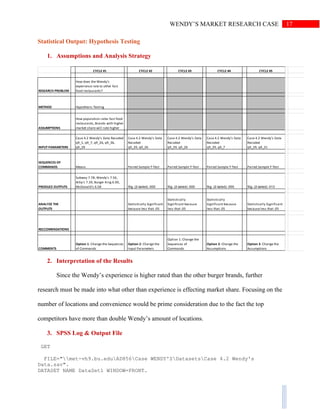 17WENDY’S MARKET RESEARCH CASE
Statistical Output: Hypothesis Testing
1. Assumptions and Analysis Strategy
CYCLE #1 CYCLE #2 CYCLE #3 CYCLE #4 CYCLE #5
RESEARCH PROBLEM
How does the Wendy’s
experience rate to other fast
food restaurants?
METHOD Hypothesis Testing
ASSUMPTIONS
How population rates fast food
restaurants, Brands with higher
market share will rate higher
INPUT PARAMETERS
Case 4.2 Wendy's Data Recoded
q9_1, q9_7, q9_26, q9_36,
q9_39
Case 4.2 Wendy's Data
Recoded
q9_39, q9_36
Case 4.2 Wendy's Data
Recoded
q9_39, q9_26
Case 4.2 Wendy's Data
Recoded
q9_39, q9_7
Case 4.2 Wendy's Data
Recoded
q9_39, q9_31
SEQUENCES OF
COMMANDS Means Paired Sample T-Test Paired Sample T-Test Paired Sample T-Test Paired Sample T-Test
PRODUCE OUTPUTS
Subway 7.78, Wendy's 7.56,
Arby's 7.39, Burger King 6.90,
McDonald's 6.58 Sig. (2-tailed) .000 Sig. (2-tailed) .000 Sig. (2-tailed) .000 Sig. (2-tailed) .013
ANALYZE THE
OUTPUTS
Statistically Significant
because less that .05
Statistically
Significant because
less that .05
Statistically
Significant because
less that .05
Statistically Significant
because less that .05
RECCOMENDATIONS
COMMENTS
Option 1: Change the Sequences
of Commands
Option 2: Change the
Input Parameters
Option 1: Change the
Sequences of
Commands
Option 3: Change the
Assumptions
Option 3: Change the
Assumptions
2. Interpretation of the Results
Since the Wendy’s experience is higher rated than the other burger brands, further
research must be made into what other than experience is effecting market share. Focusing on the
number of locations and convenience would be prime consideration due to the fact the top
competitors have more than double Wendy’s amount of locations.
3. SPSS Log & Output File
GET
FILE="met-vh9.bu.eduAD856Case WENDY'SDatasetsCase 4.2 Wendy's
Data.sav".
DATASET NAME DataSet1 WINDOW=FRONT.
 