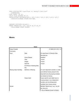 18WENDY’S MARKET RESEARCH CASE
SAVE OUTFILE="M:.spssCase 4.2 Wendy's Data.sav"
/COMPRESSED.
SORT CASES BY s2.
SPLIT FILE LAYERED BY s2.
DESCRIPTIVES VARIABLES=q14_1 q14_2 q14_3 q14_4 q14_5 q14_6 q14_7
/STATISTICS=MEAN STDDEV MIN MAX.
DATASET ACTIVATE DataSet1.
MEANS TABLES=q9_1 q9_7 q9_26 q9_36 q9_39
/CELLS=MEAN COUNT STDDEV.
Means
Notes
Output Created 01-MAR-2015 00:21:16
Comments
Input Data M:.spssCase 4.2 Wendy's Data
Recoded.sav
Active Dataset DataSet1
Filter <none>
Weight <none>
Split File <none>
N of Rows in Working Data
File
1450
Missing Value Handling Definition of Missing For each dependent variable in a table,
user-defined missing values for the
dependent and all grouping variables
are treated as missing.
Cases Used Cases used for each table have no
missing values in any independent
variable, and not all dependent
variables have missing values.
Syntax MEANS TABLES=q9_1 q9_7 q9_26
q9_36 q9_39
/CELLS=MEAN COUNT STDDEV.
 