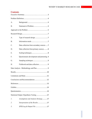1WENDY’S MARKET RESEARCH CASE
Contents
Executive Summary........................................................3
Problem Definition..........................................................4
A. Background.................................................4
B. Statement of Problem..................................4
Approach to the Problem ................................................5
Research Design..............................................................7
A. Type of research design ..............................7
B. Information needs .......................................7
C. Data collection from secondary sources .....7
D. Data collection from primary sources.........8
E. Scaling techniques.......................................8
F. Questionnaire development and pretesting.9
G. Sampling techniques ...................................9
H. Fieldwork and data collection.....................9
Data Analysis - Methodology and Plan ..........................9
Results...........................................................................10
Limitations and Risks ...................................................11
Conclusions and Recommendations .............................12
References.....................................................................13
Exhibits.........................................................................14
Questionnaires...............................................................14
Statistical Output: Hypothesis Testing..........................17
1. Assumptions and Analysis Strategy...........17
2. Interpretation of the Results......................17
3. SPSS Log & Output File ...........................17
 